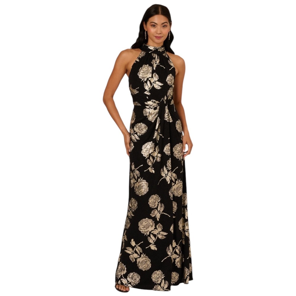 Adrianna Papell Womens Size 12 Black and Metallic Gold Rose Halter Neck Dress